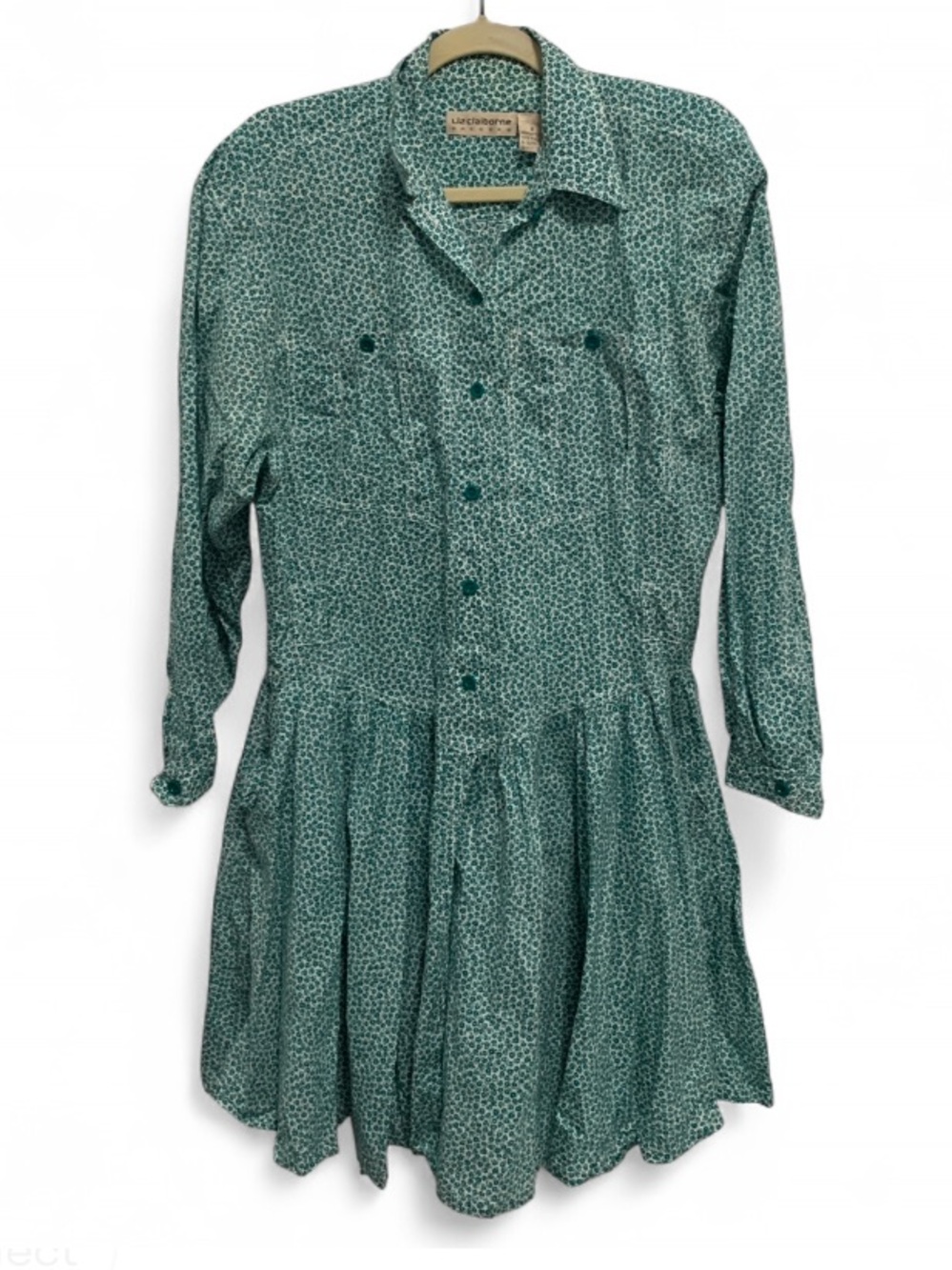Vintage Liz Claiborne Green Floral Printed Long-Sleeve Shirt Dress